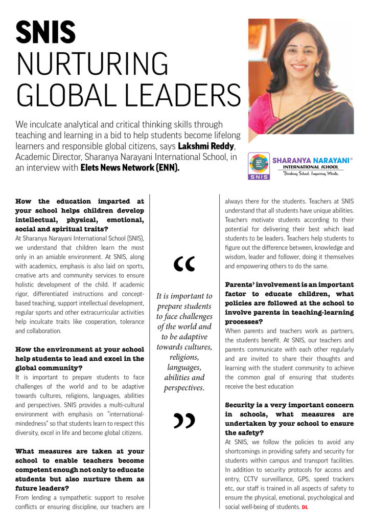 Lakshmi Reddy, Academic Director of SNIS Was Recently Interviewed by Elets News Network (ENN) | Top international school